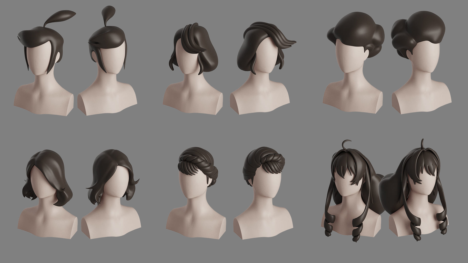 Stylised Woman Hair Bundle 3D model_30