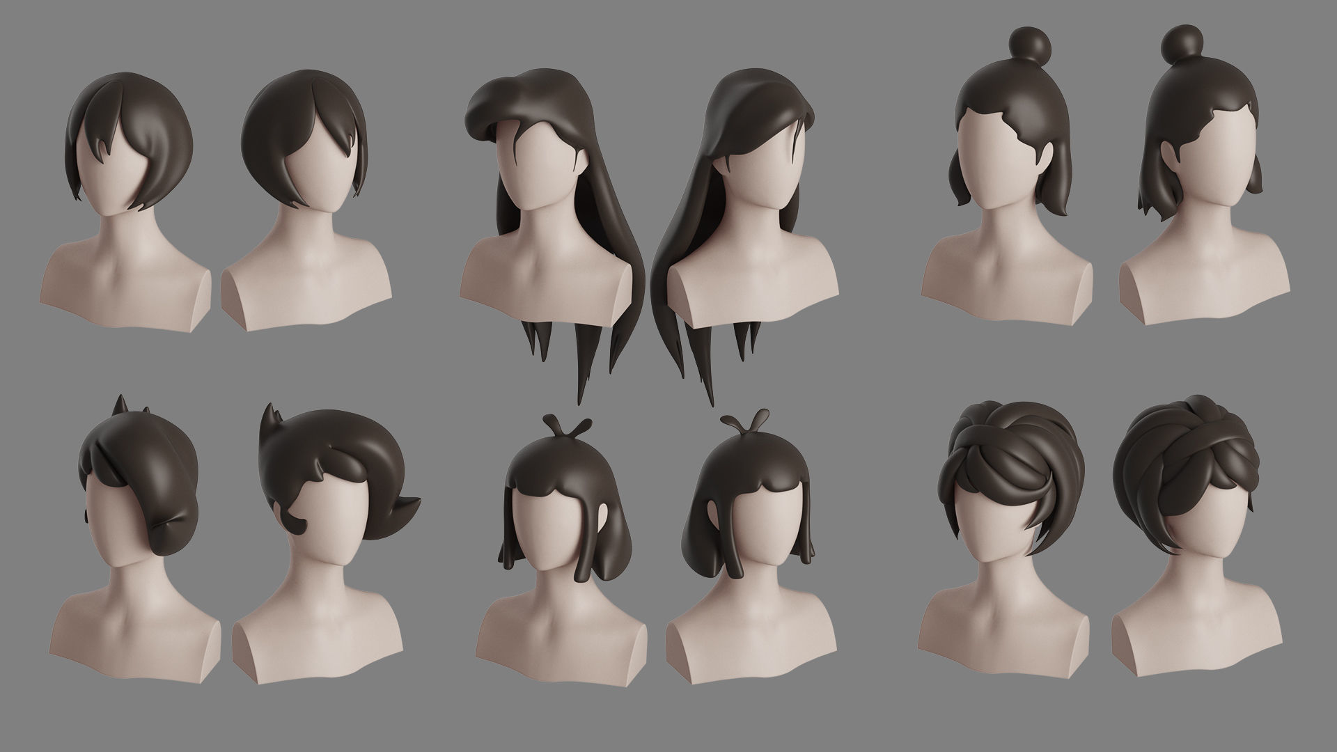 Stylised Woman Hair Bundle 3D model_28