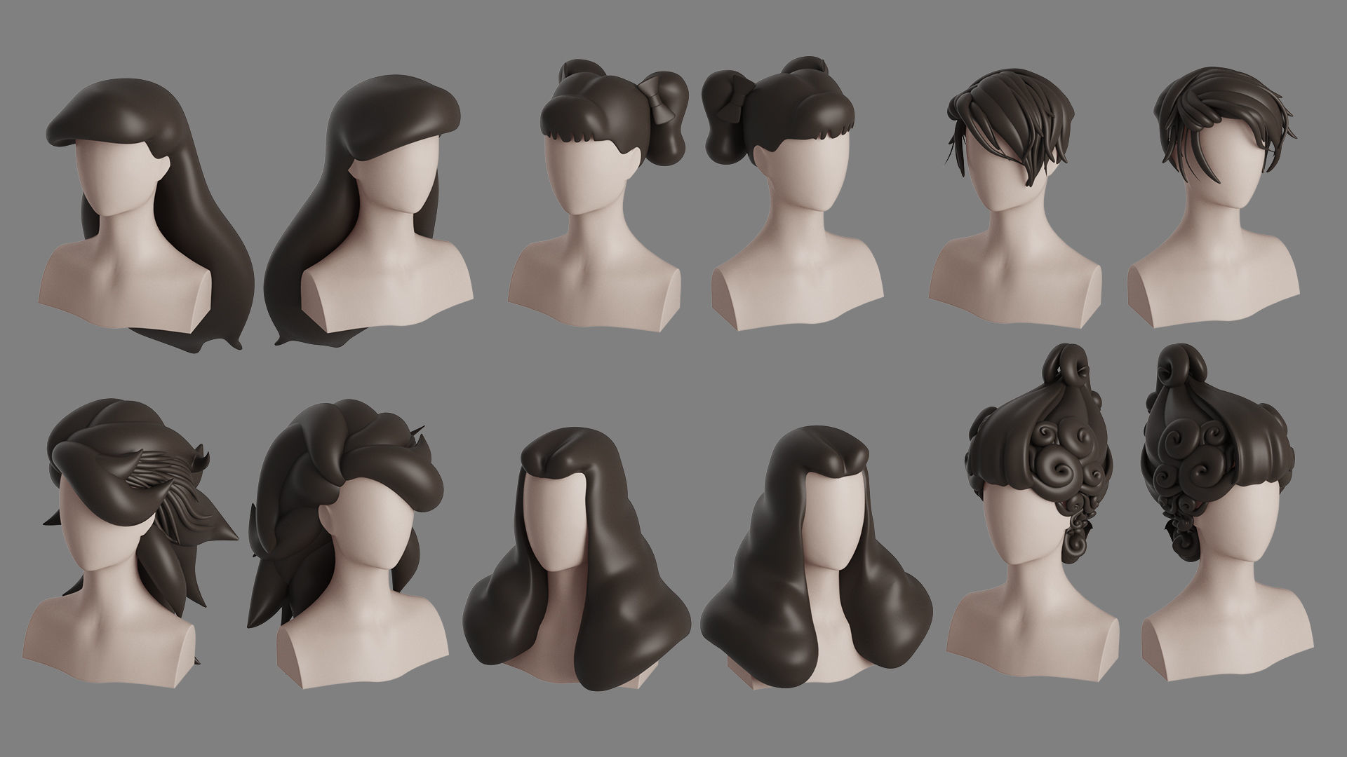 Stylised Woman Hair Bundle 3D model_23