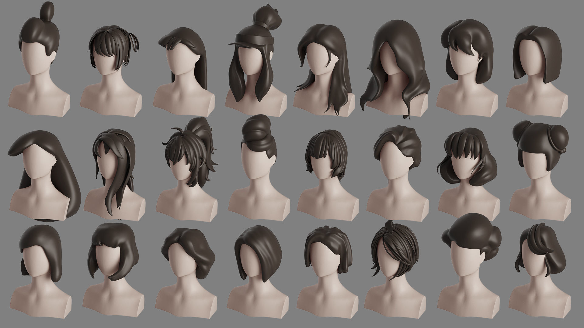 Stylised Woman Hair Bundle 3D model_4