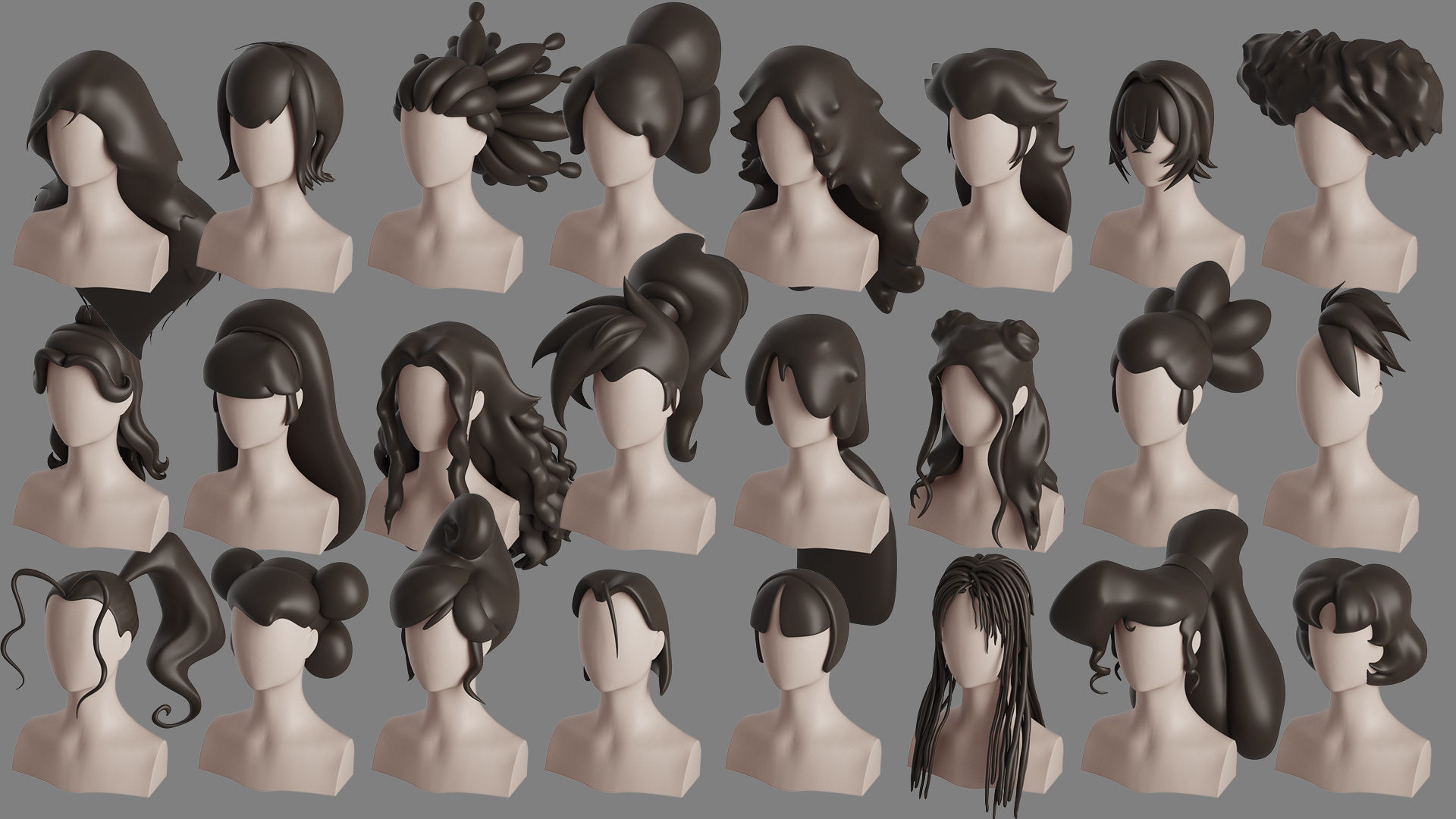 Stylised Woman Hair Bundle 3D model_2