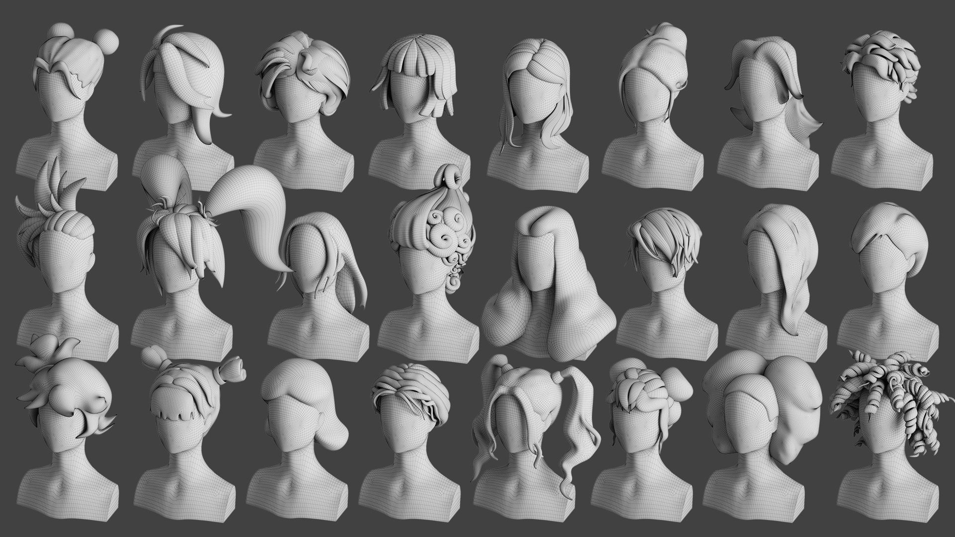 Stylised Woman Hair Bundle 3D model_9