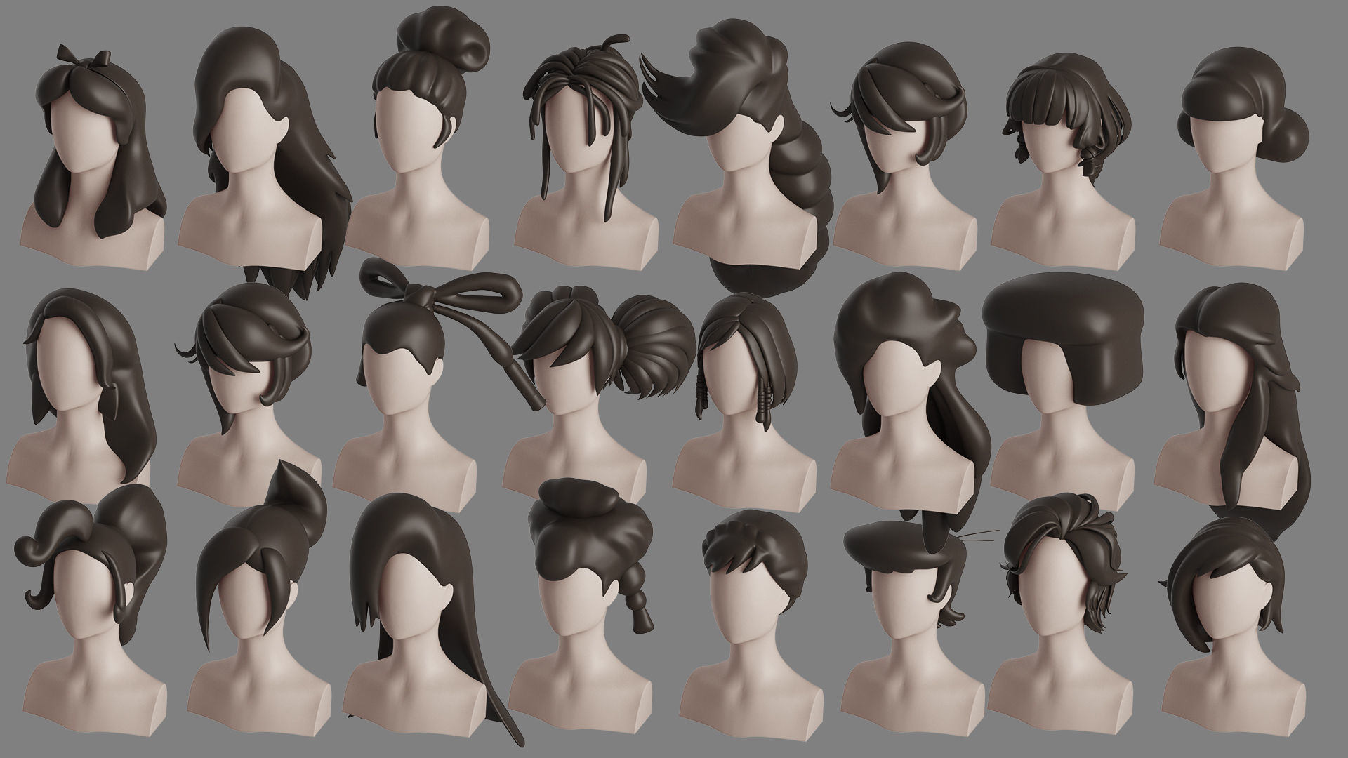 Stylised Woman Hair Bundle 3D model_1