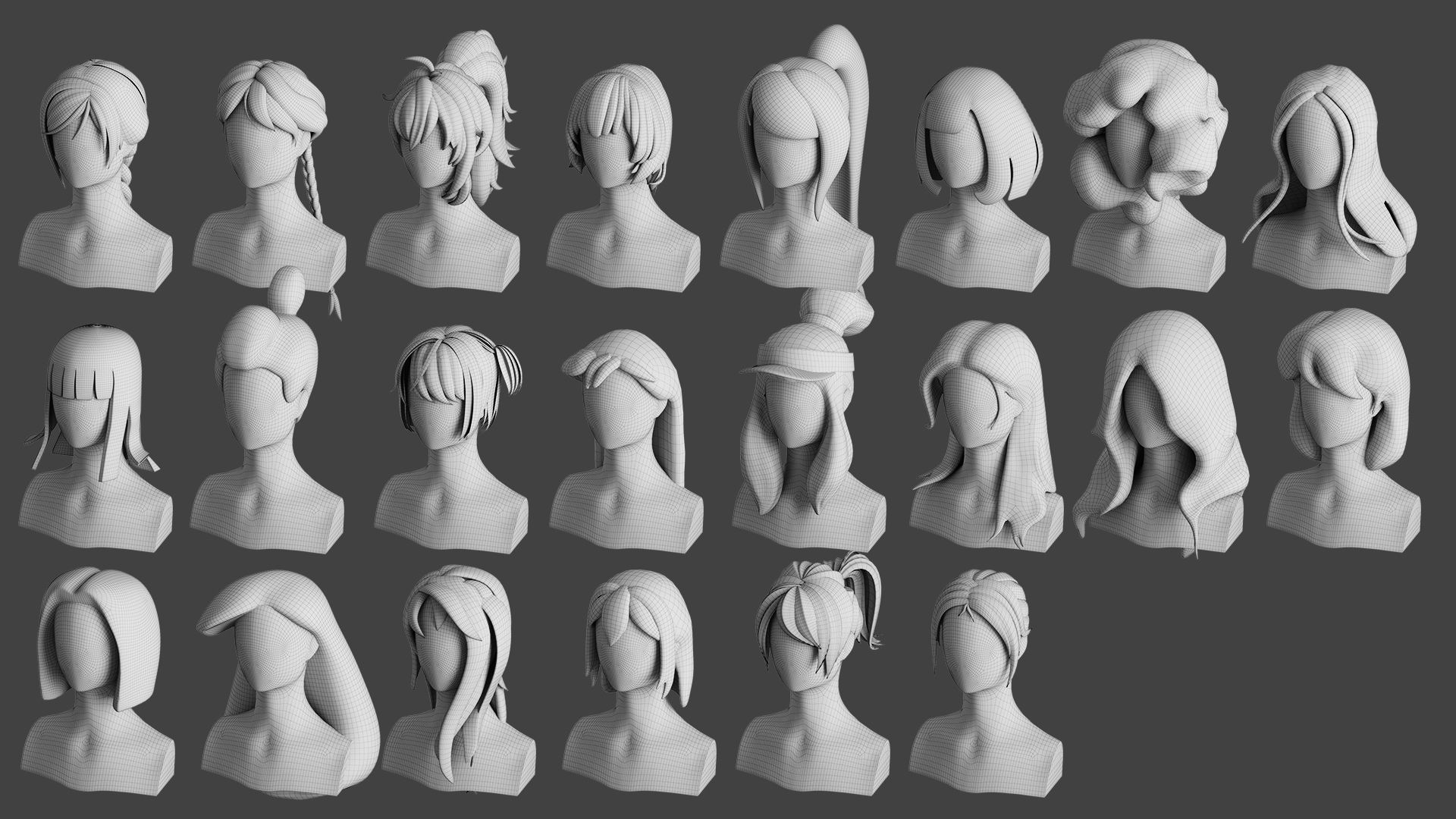 Stylised Woman Hair Bundle 3D model_12