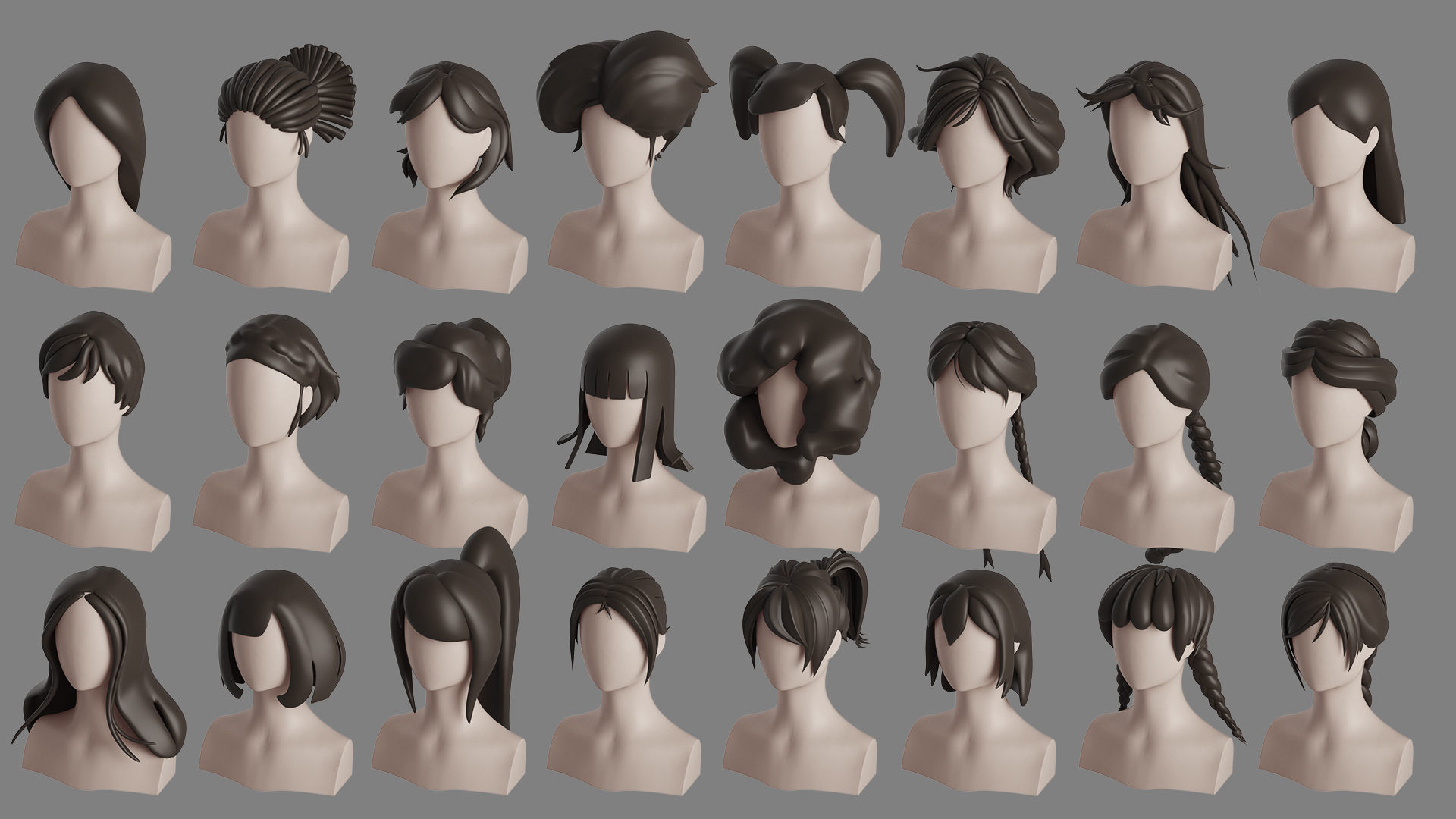 Stylised Woman Hair Bundle 3D model_3