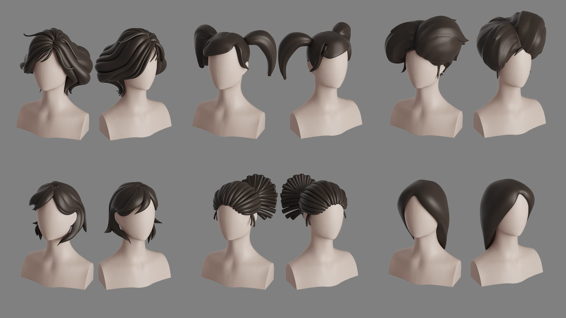 Stylised Woman Hair Bundle 3D model_14