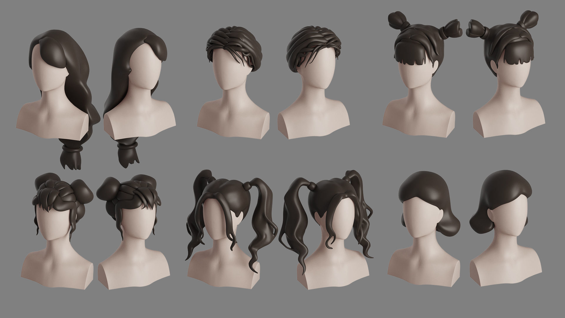 Stylised Woman Hair Bundle 3D model_25