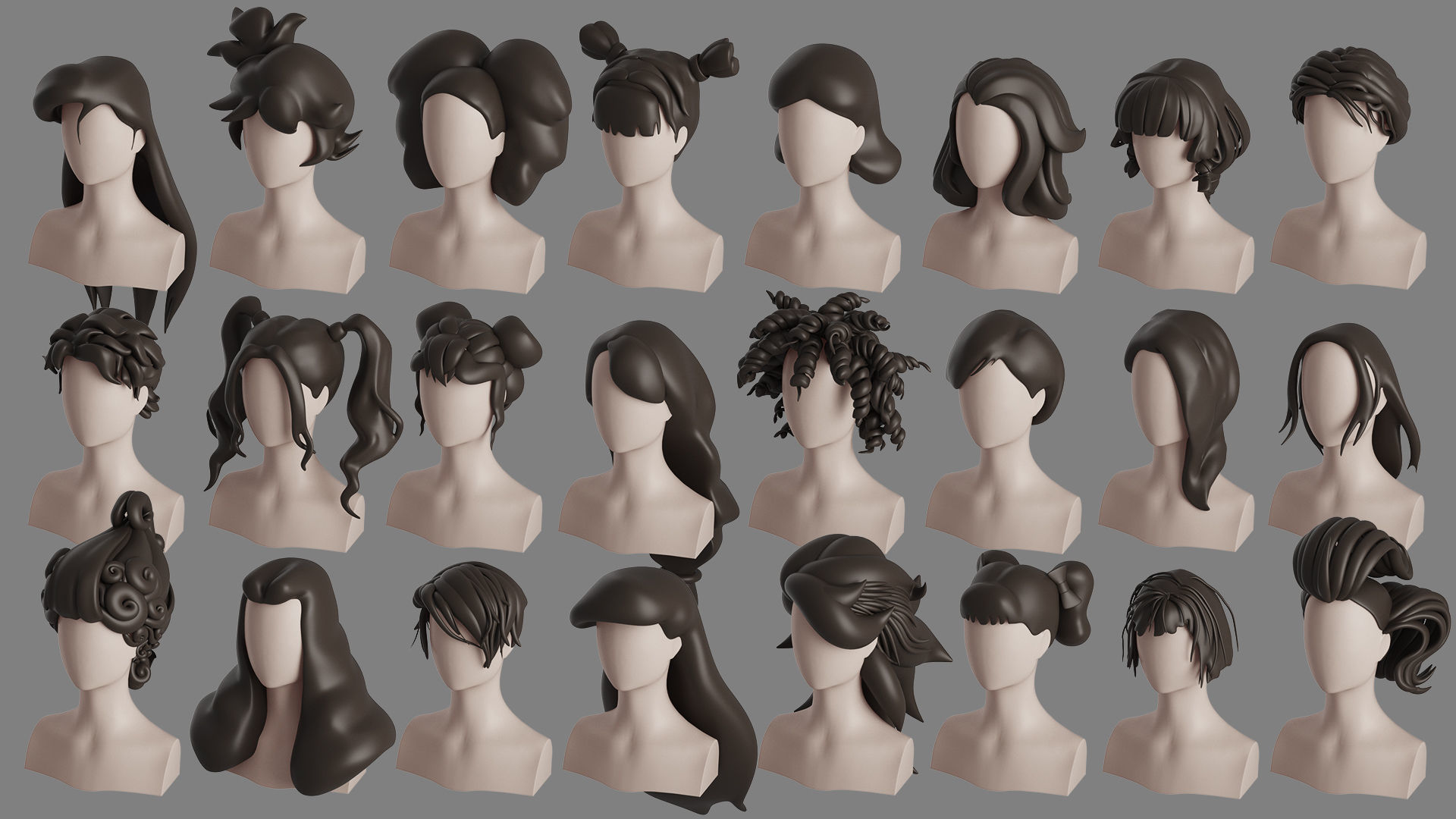 Stylised Woman Hair Bundle 3D model_5
