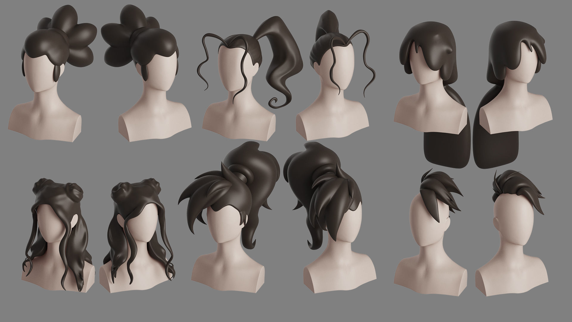 Stylised Woman Hair Bundle 3D model_16