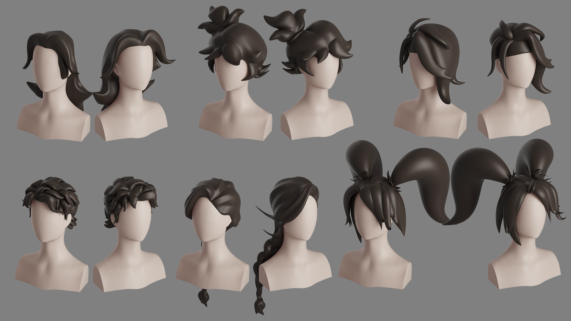 Stylised Woman Hair Bundle 3D model_26