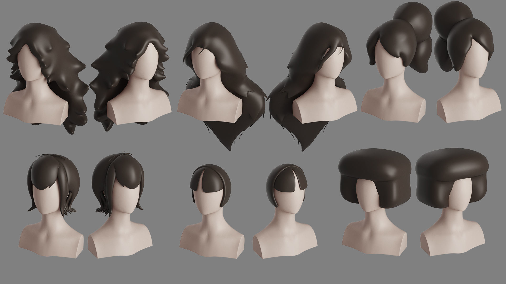 Stylised Woman Hair Bundle 3D model_18