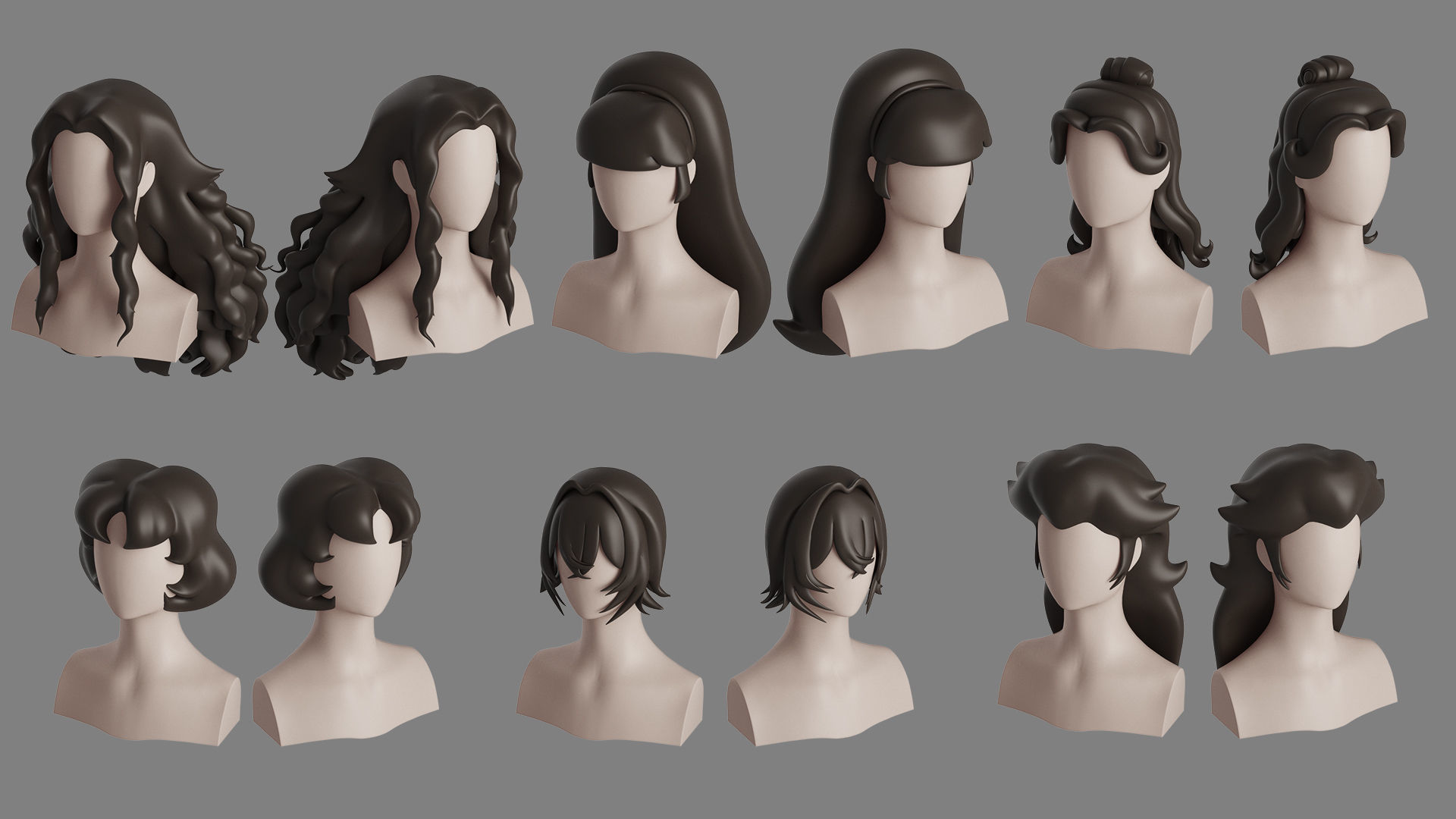 Stylised Woman Hair Bundle 3D model_17
