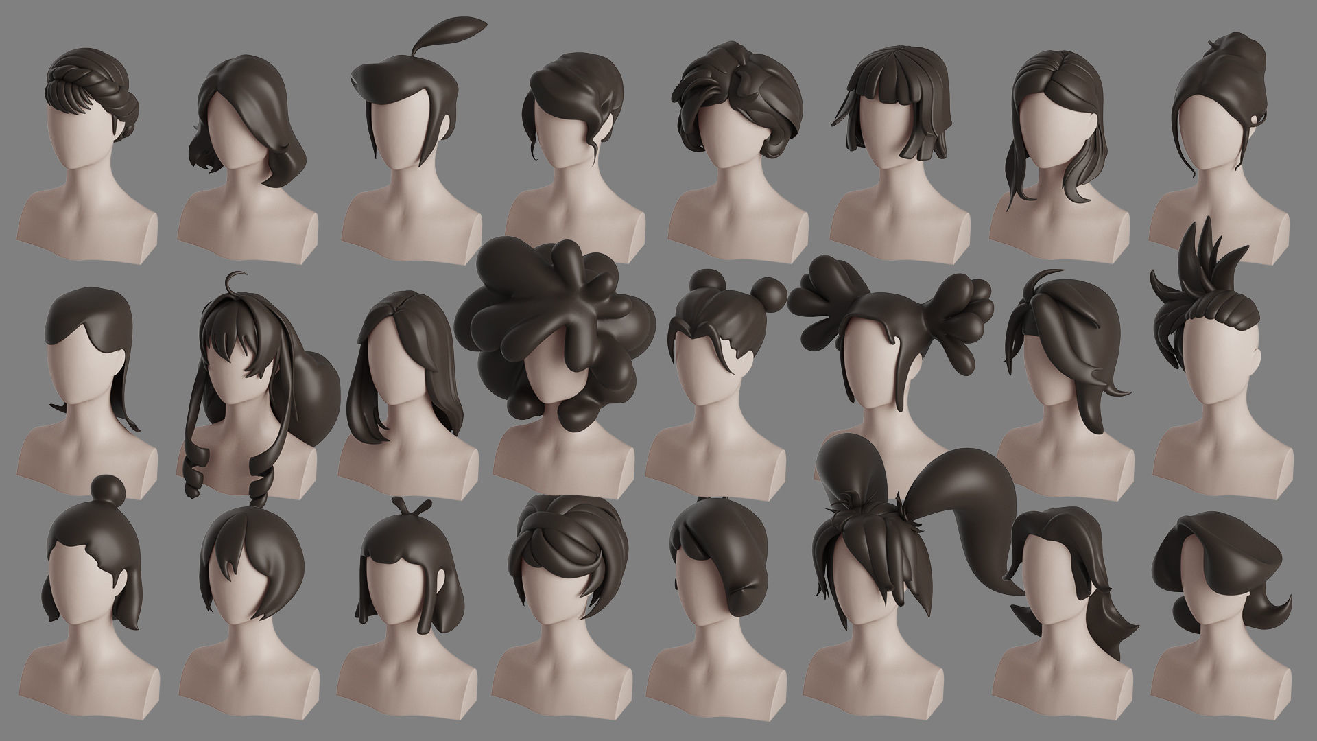 Stylised Woman Hair Bundle 3D model_6