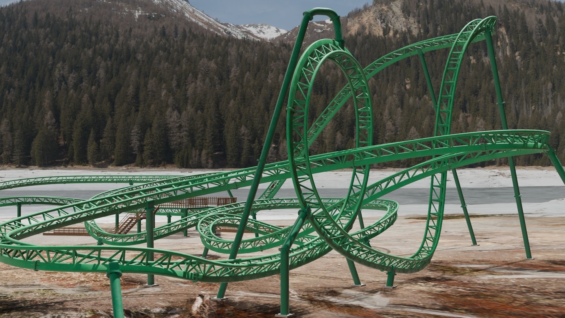 Rollercoaster roller coaster at amusement park Low-poly 3D model_2