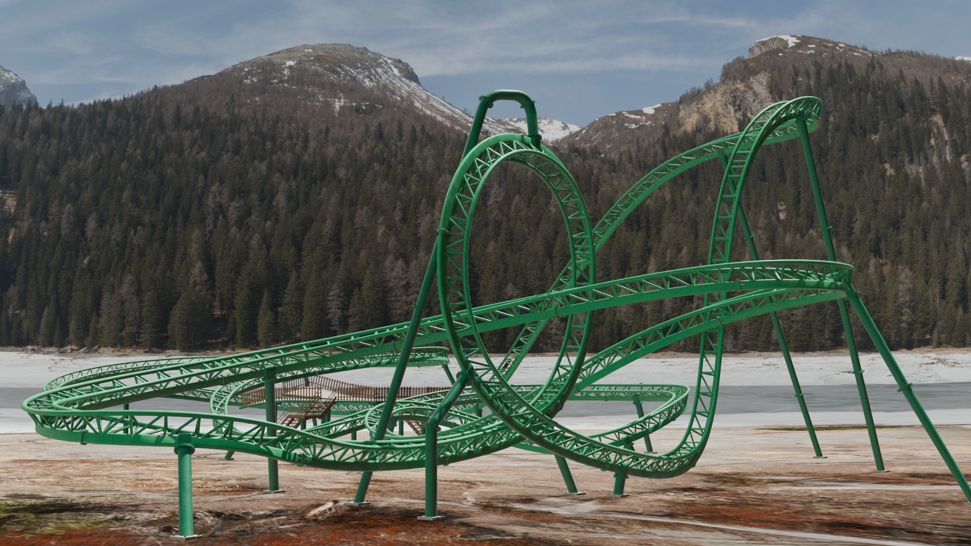 Rollercoaster roller coaster at amusement park Low-poly 3D model_6