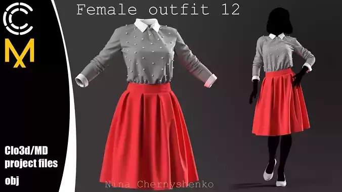 Female outfit 12 - Marvelous Designer project and OBJ