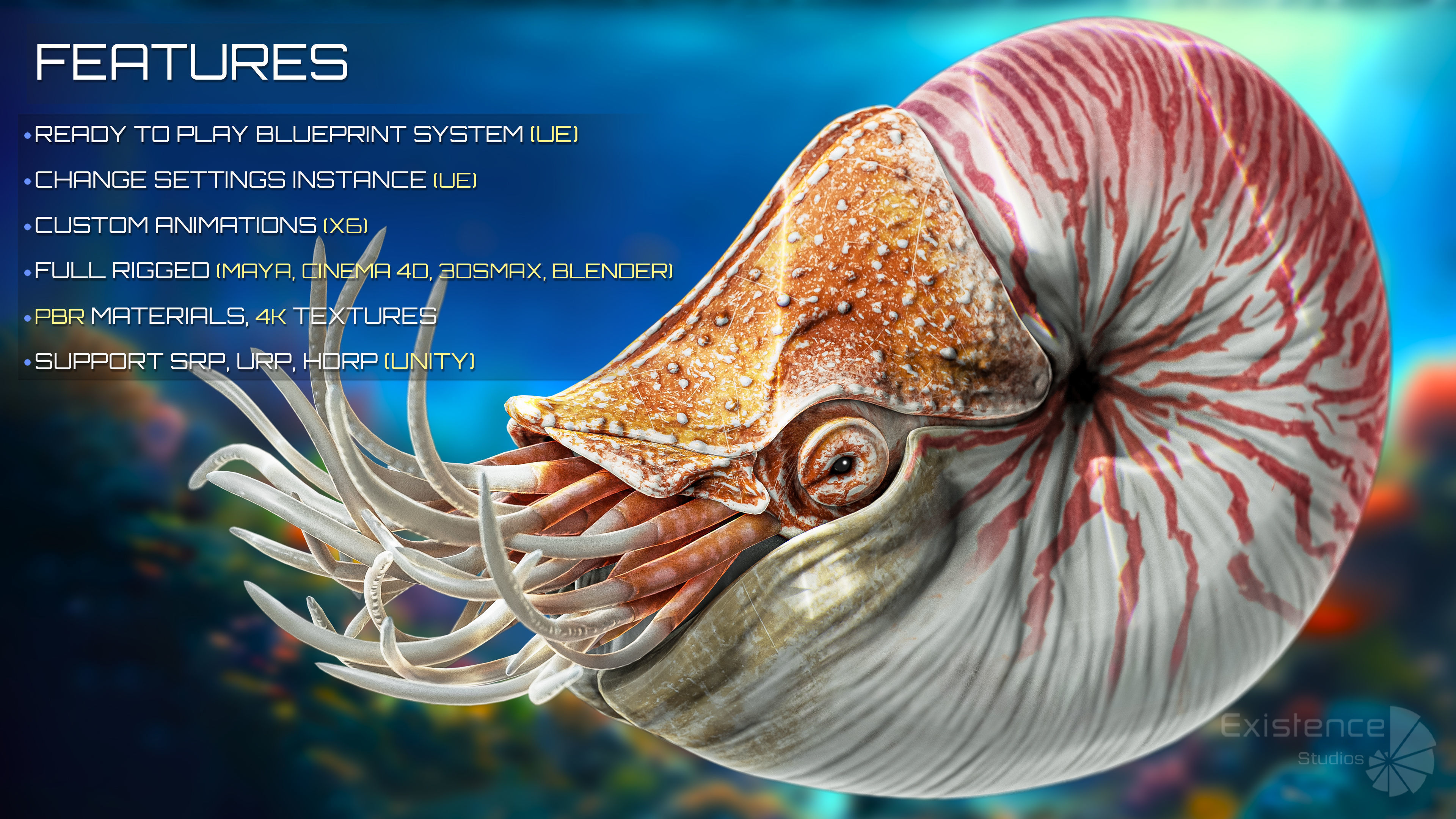 Nautilus Pompilius - Shell Mollusk - Underwater Tentacles - 44 Low-poly 3D model_4