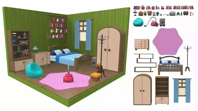 Isometric cartoon bedroom 01