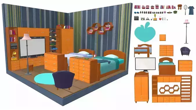 Isometric cartoon bedroom 02