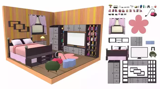 Isometric cartoon bedroom 03