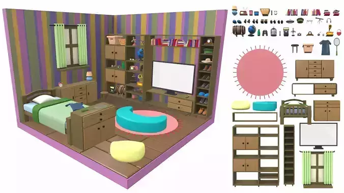 Isometric cartoon bedroom 04