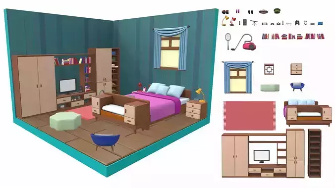 Isometric cartoon bedroom 05