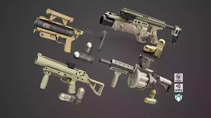 4 Grenade Launcher Brown All PBR Unity UE Textures Included 3D Model Collection