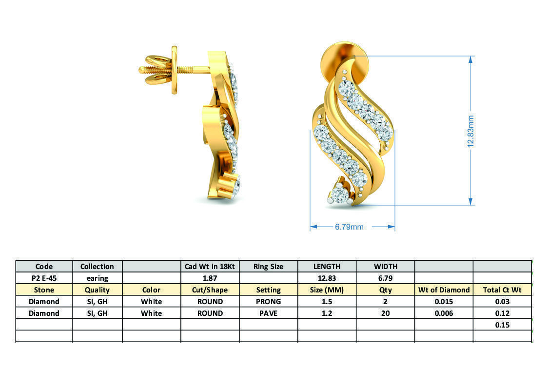 Yellow gold diamond earring-P2 E-45 3D print model_3