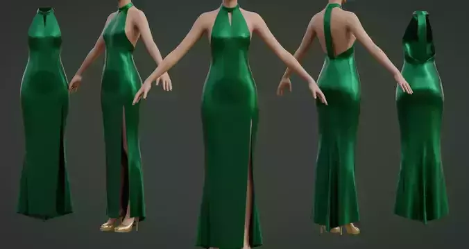 Green silk satin prom dress - halter neck backless gown Low-poly 3D model