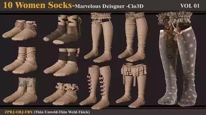 10 Women Socks -MD-Clo3D -ZPRJ-FBX -OBJ