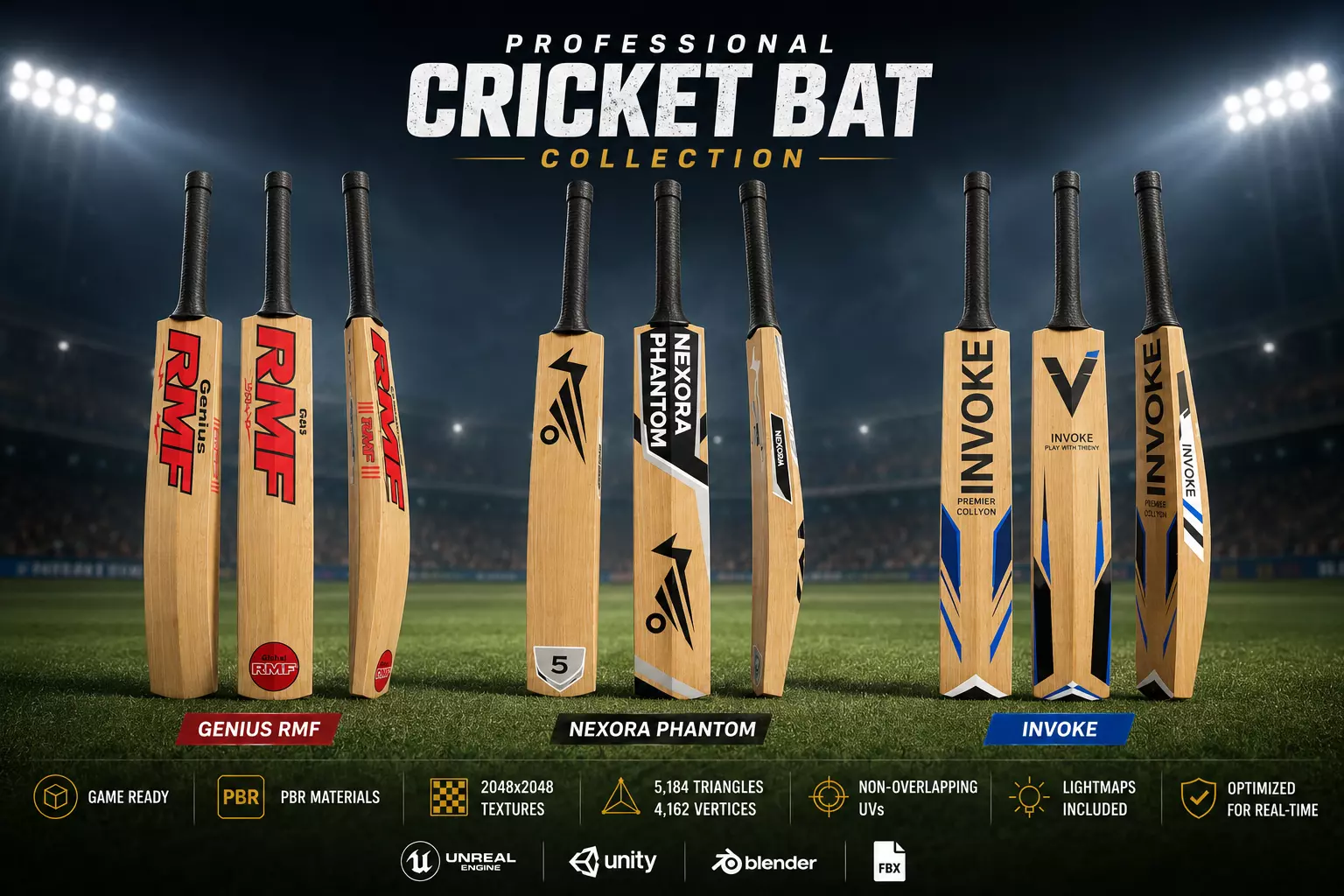 Professional Cricket Bat Pack Low-poly 3D model