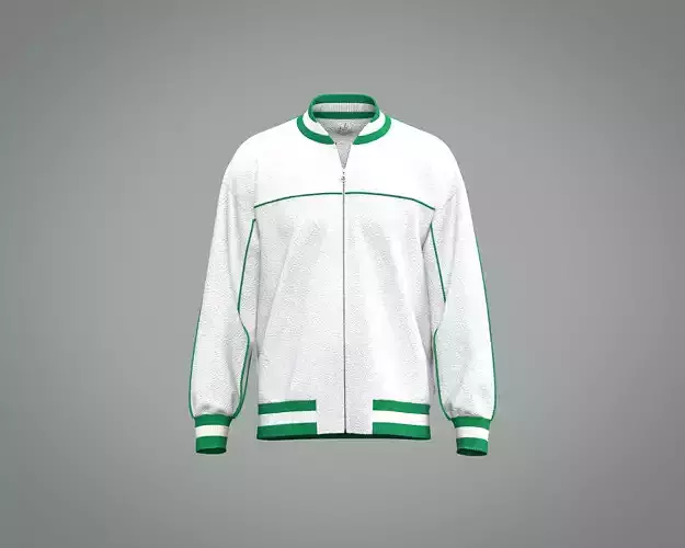 Mens Sherpa varsity jacket in white with green piping
