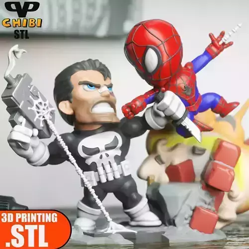 Spider-Man vs Punisher Chibi STL for 3D Printing ChibiSTL 3DXM