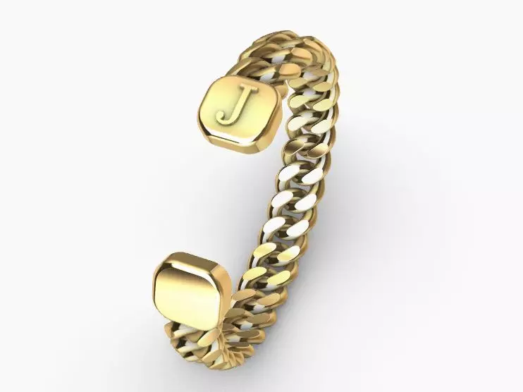 gold initial J miami cuban chain link bangle bracelet 3D print model_0