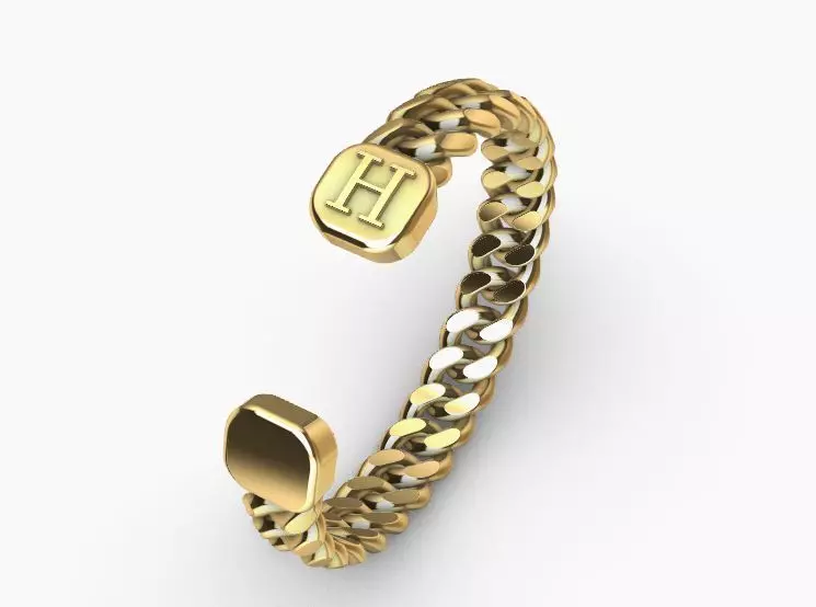 gold initial H miami cuban chain link bangle bracelet 3D print model_0