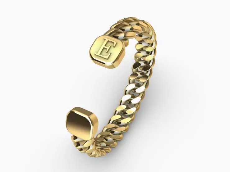 gold initial E miami cuban chain link bangle bracelet  3D print model_0
