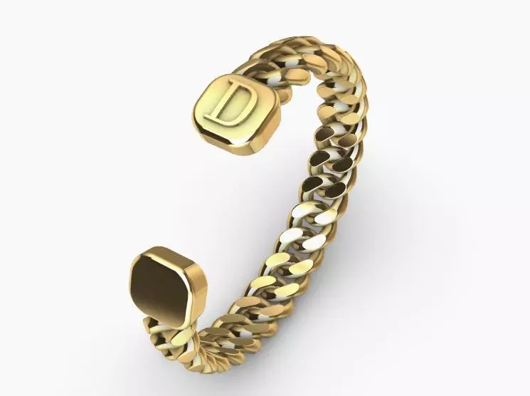 gold initial D miami cuban chain link bangle bracelet 3D print model_0
