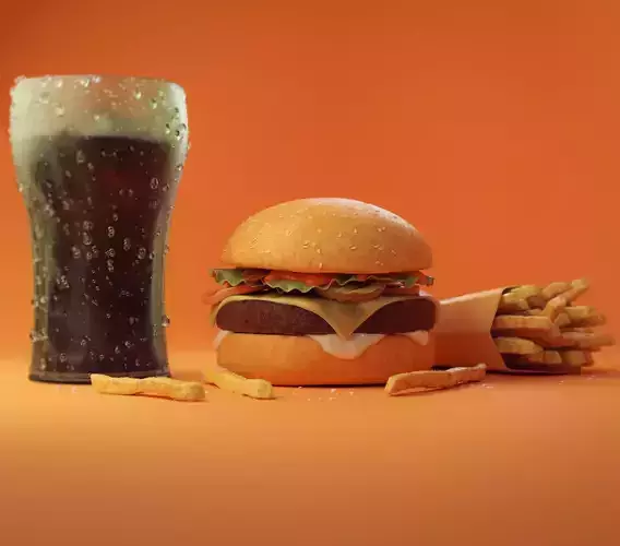 Cheeseburger Meal with french fries 3D model