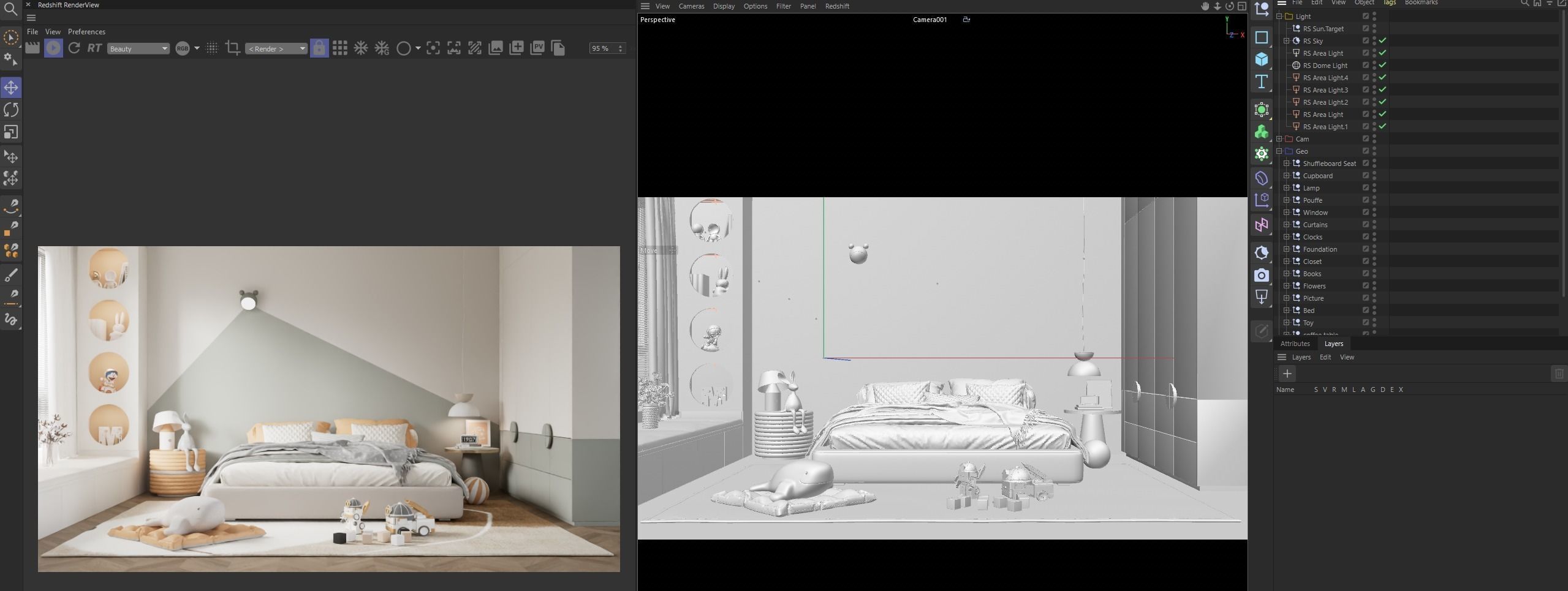 Child Bedroom Interior Scene for Cinema 4D and Redshift Render 3D model_1