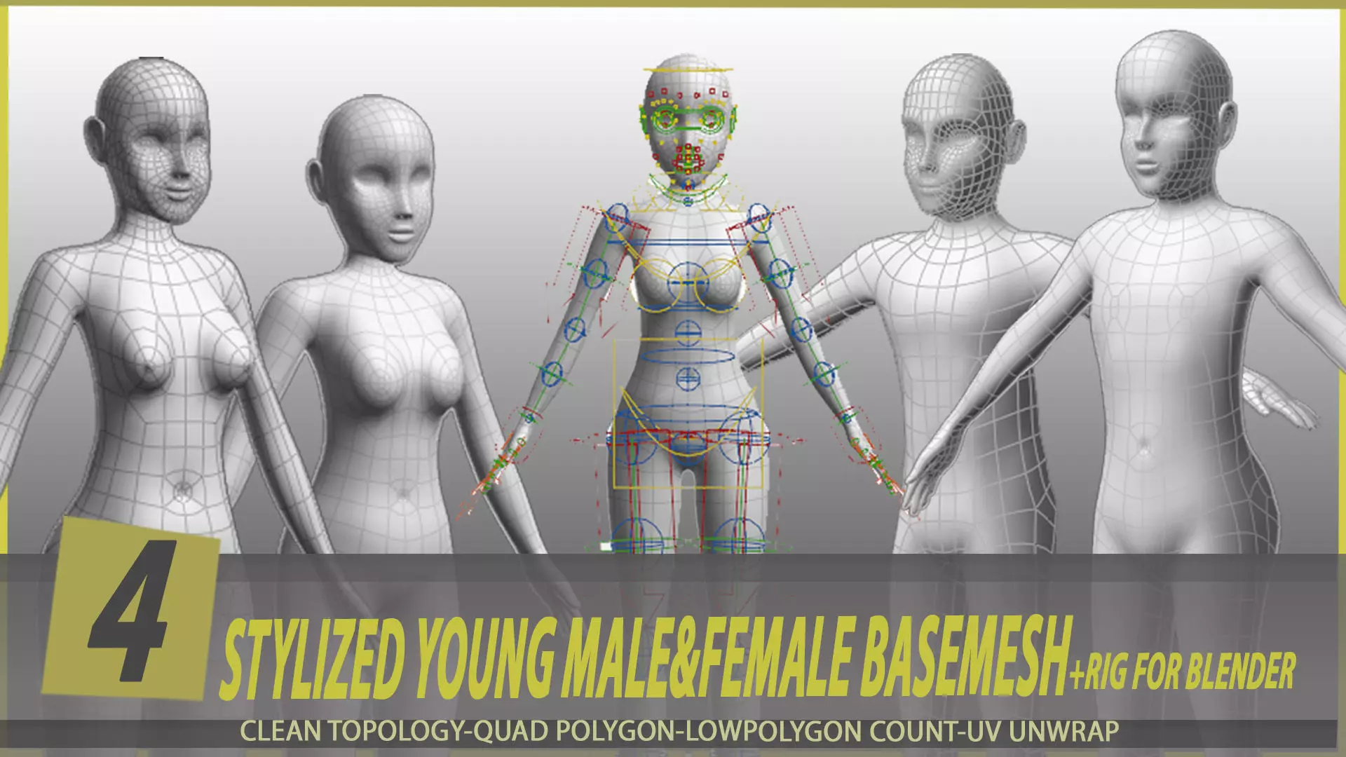 4 stylized young male and female basemesh Low-poly 3D model_0