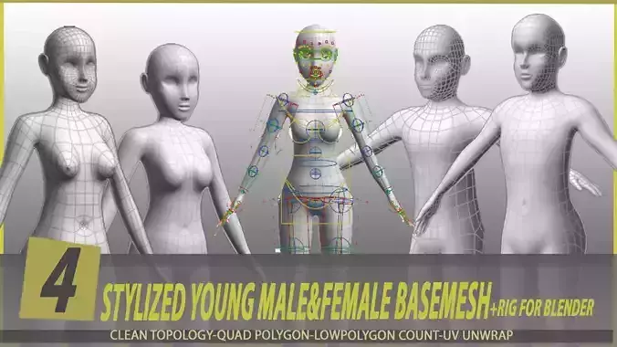 4 stylized young male and female basemesh Low-poly 3D model