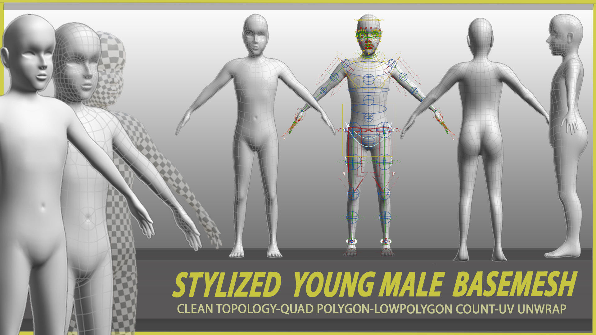 4 stylized young male and female basemesh Low-poly 3D model_2