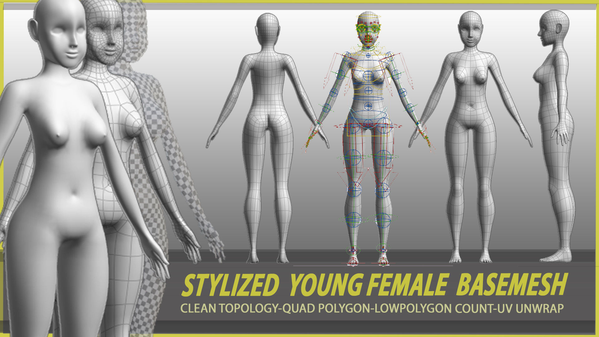 4 stylized young male and female basemesh Low-poly 3D model_1