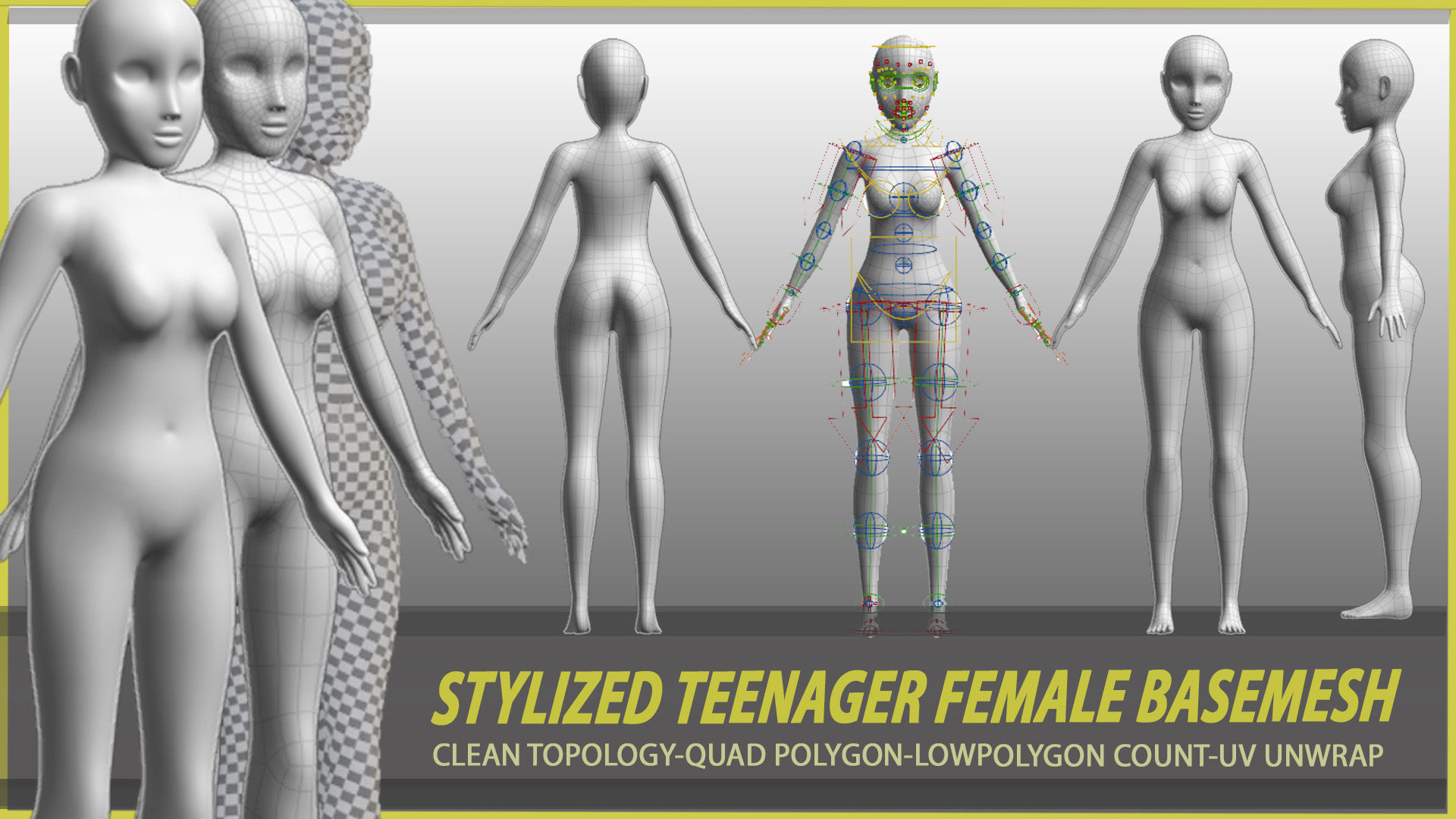 4 stylized young male and female basemesh Low-poly 3D model_4