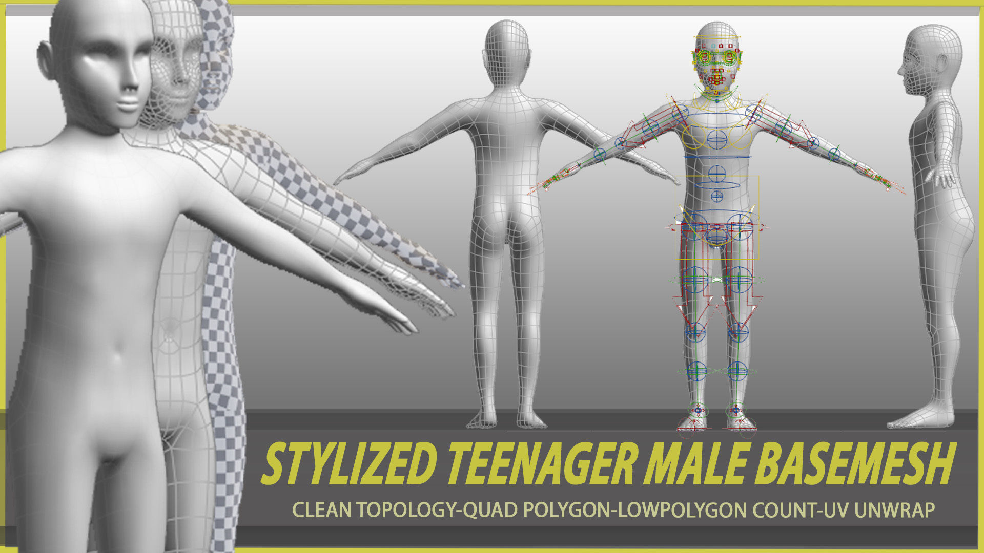 4 stylized young male and female basemesh Low-poly 3D model_3