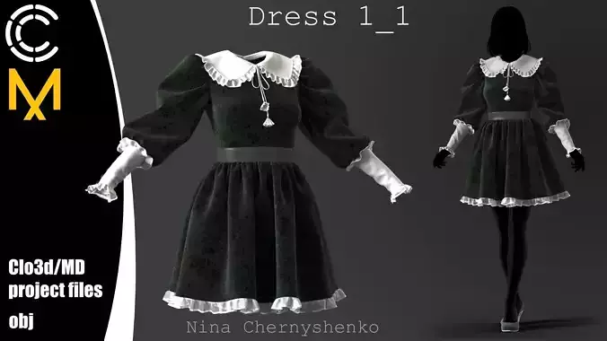 Dress1-1 - Marvelous Designer project and OBJ