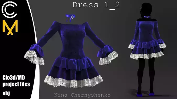 Dress 1-2 - Marvelous Designer project and OBJ