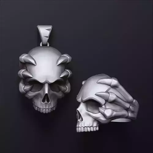 Skull Clutches Pendant Ring Set