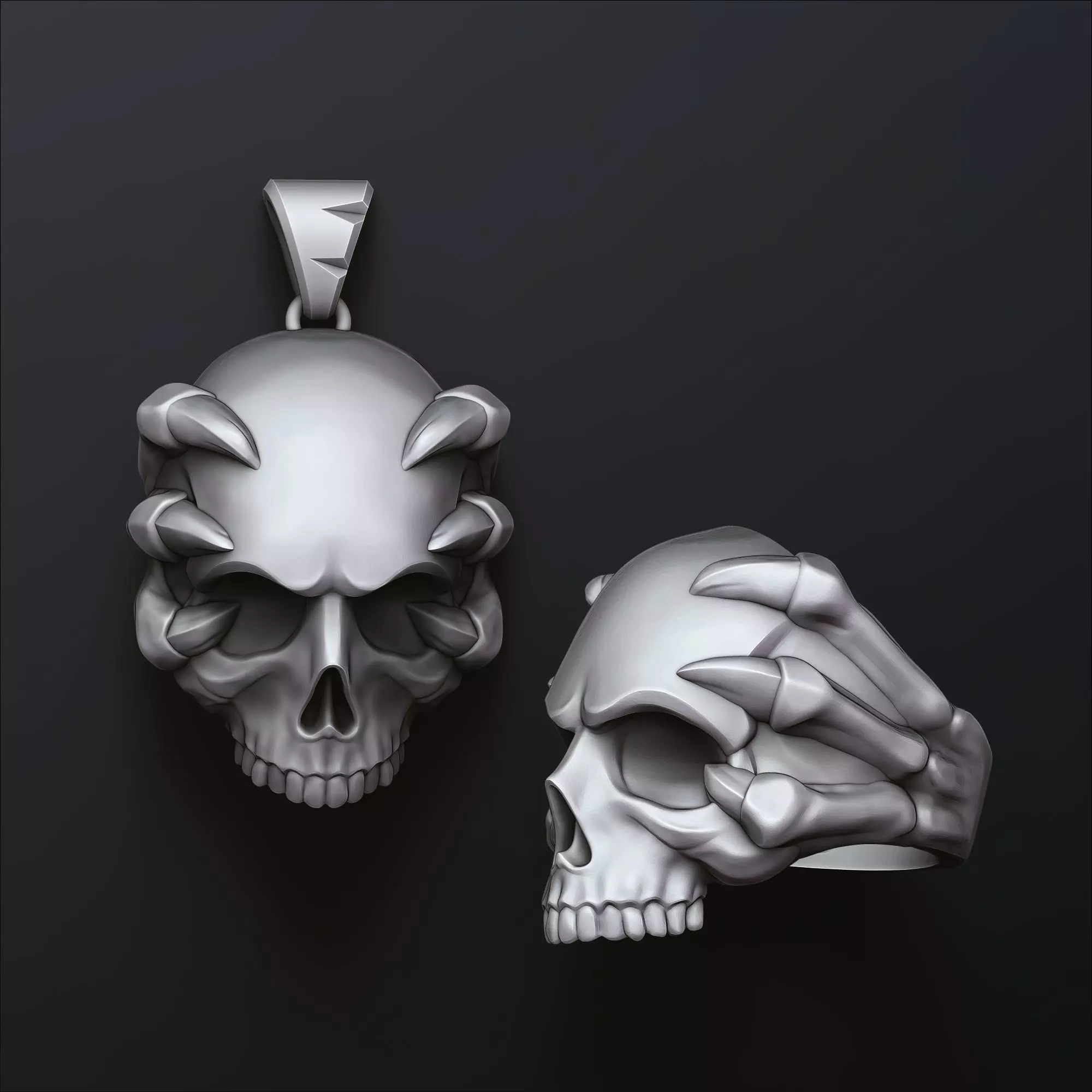 Skull Clutches Pendant Ring Set 3D print model_0