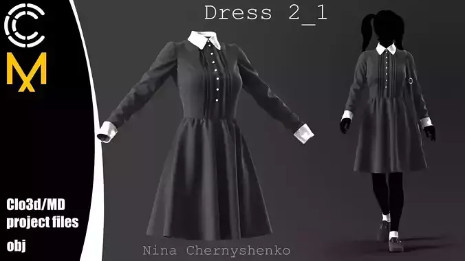 Dress 2-1 - Marvelous Designer project and OBJ